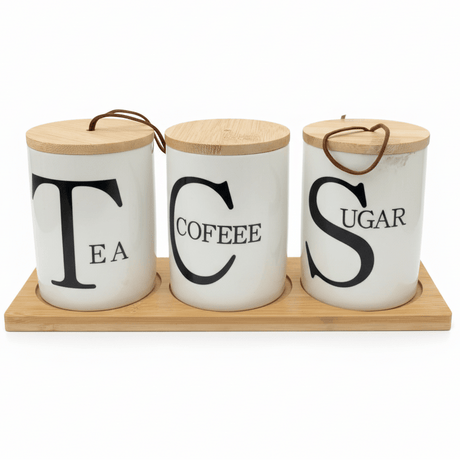 AKDC PureStore 3 - Piece White Ceramic Canister Storage Set with Wooden Base & Lid Modern Kitchen Organizer 28×8cm - Al Kabayel Discount CentreAKDC PureStore 3 - Piece White Ceramic Canister Storage Set with Wooden Base & Lid Modern Kitchen Organizer 28×8cmJars & Food SaversAKDCAl Kabayel Discount Centre