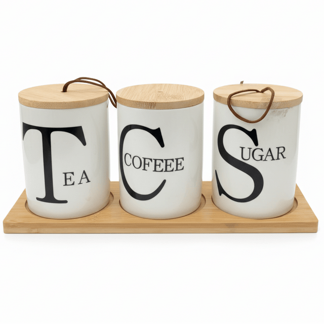 AKDC PureStore 3 - Piece White Ceramic Canister Storage Set with Wooden Base & Lid Modern Kitchen Organizer 28×8cm - Al Kabayel Discount CentreAKDC PureStore 3 - Piece White Ceramic Canister Storage Set with Wooden Base & Lid Modern Kitchen Organizer 28×8cmJars & Food SaversAKDCAl Kabayel Discount Centre
