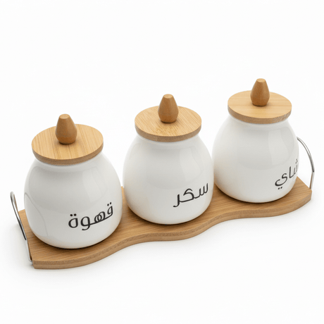 AKDC PureStore 3 - Piece White Ceramic Seasoning Jar Set with Wooden Base & Airtight Lids Kitchen Storage 28×8cm - Al Kabayel Discount CentreAKDC PureStore 3 - Piece White Ceramic Seasoning Jar Set with Wooden Base & Airtight Lids Kitchen Storage 28×8cmJars & Food SaversAKDCAl Kabayel Discount Centre