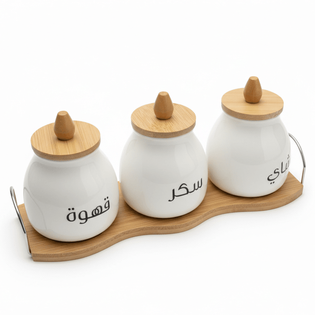 AKDC PureStore 3 - Piece White Ceramic Seasoning Jar Set with Wooden Base & Airtight Lids Kitchen Storage 28×8cm - Al Kabayel Discount CentreAKDC PureStore 3 - Piece White Ceramic Seasoning Jar Set with Wooden Base & Airtight Lids Kitchen Storage 28×8cmJars & Food SaversAKDCAl Kabayel Discount Centre