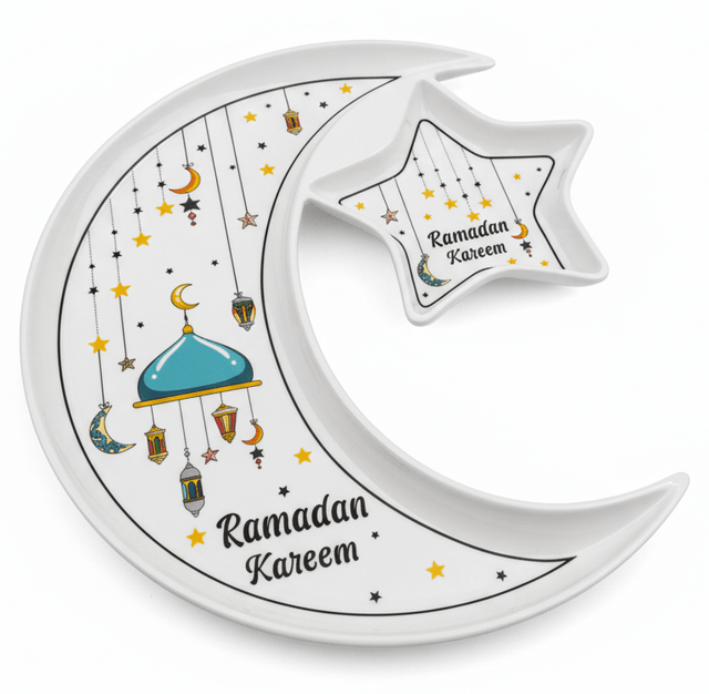 AKDC Ramadan Collection White Ceramic Moon & Star Decorative Serving Plate – Islamic Tableware, 27cm - Al Kabayel Discount CentreAKDC Ramadan Collection White Ceramic Moon & Star Decorative Serving Plate – Islamic Tableware, 27cmPlatesAKDCAl Kabayel Discount Centre