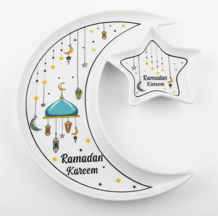 AKDC Ramadan Collection White Ceramic Moon & Star Serving Plate – Festive Islamic Tableware, 23cm - Al Kabayel Discount CentreAKDC Ramadan Collection White Ceramic Moon & Star Serving Plate – Festive Islamic Tableware, 23cmPlatesAKDCAl Kabayel Discount Centre