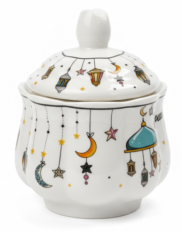 AKDC Ramadan Collection White Ceramic Sugar Pot with Lid – Elegant Festive Tableware, 11 × 9cm - Al Kabayel Discount CentreAKDC Ramadan Collection White Ceramic Sugar Pot with Lid – Elegant Festive Tableware, 11 × 9cmBowlsAKDCAl Kabayel Discount Centre
