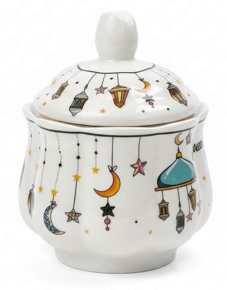AKDC Ramadan Collection White Ceramic Sugar Pot with Lid – Elegant Festive Tableware, 11 × 9cm - Al Kabayel Discount CentreAKDC Ramadan Collection White Ceramic Sugar Pot with Lid – Elegant Festive Tableware, 11 × 9cmBowlsAKDCAl Kabayel Discount Centre