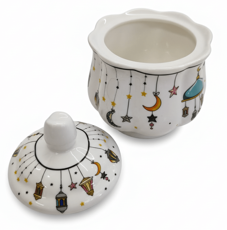 AKDC Ramadan Collection White Ceramic Sugar Pot with Lid – Elegant Festive Tableware, 11 × 9cm - Al Kabayel Discount CentreAKDC Ramadan Collection White Ceramic Sugar Pot with Lid – Elegant Festive Tableware, 11 × 9cmBowlsAKDCAl Kabayel Discount Centre