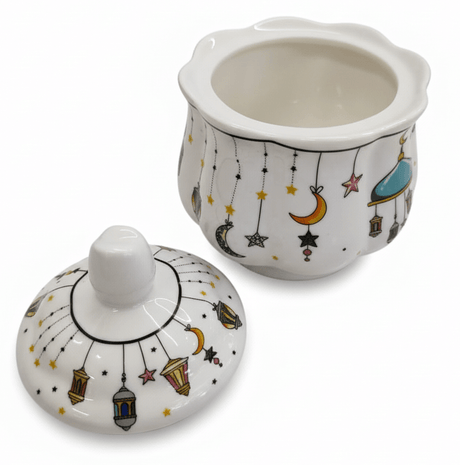 AKDC Ramadan Collection White Ceramic Sugar Pot with Lid – Elegant Festive Tableware, 11 × 9cm - Al Kabayel Discount CentreAKDC Ramadan Collection White Ceramic Sugar Pot with Lid – Elegant Festive Tableware, 11 × 9cmBowlsAKDCAl Kabayel Discount Centre
