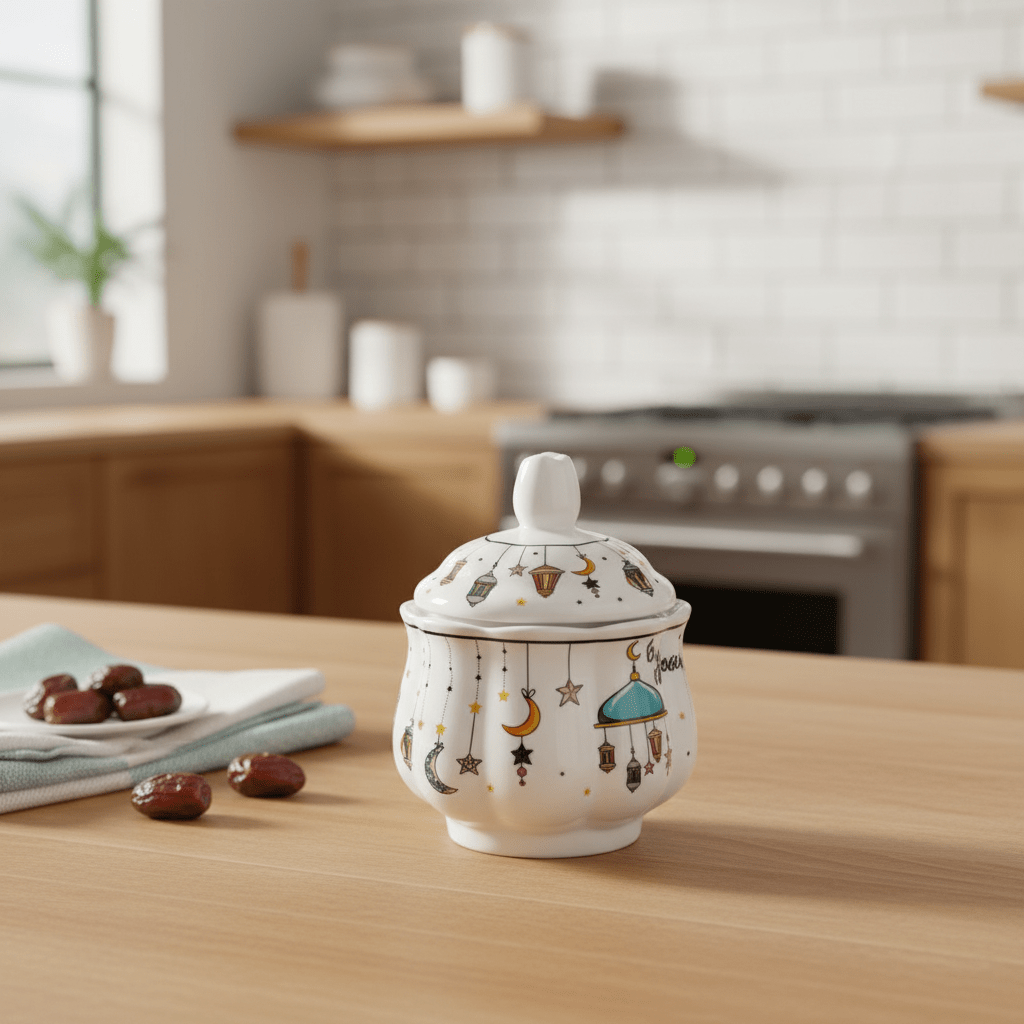 AKDC Ramadan Collection White Ceramic Sugar Pot with Lid – Elegant Festive Tableware, 11 × 9cm - Al Kabayel Discount CentreAKDC Ramadan Collection White Ceramic Sugar Pot with Lid – Elegant Festive Tableware, 11 × 9cmBowlsAKDCAl Kabayel Discount Centre