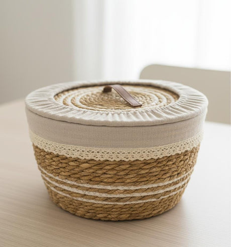 AKDC Rattan Basket with Lid & Fabric Liner Large 36×19cm – Natural Storage Basket for Laundry, Toys & Home Organization - Al Kabayel Discount CentreAKDC Rattan Basket with Lid & Fabric Liner Large 36×19cm – Natural Storage Basket for Laundry, Toys & Home OrganizationDoormatsAKDCAl Kabayel Discount Centre