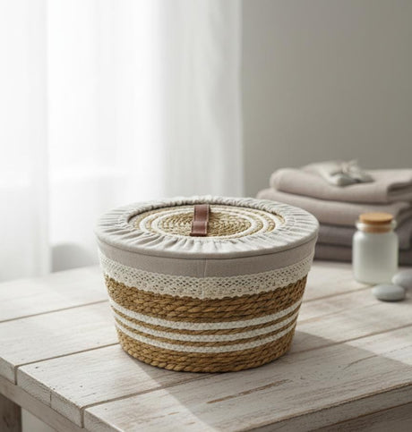 AKDC Rattan Basket with Lid & Fabric Liner Medium 29×16cm – Decorative Storage Organizer for Shelves & Cabinets - Al Kabayel Discount CentreAKDC Rattan Basket with Lid & Fabric Liner Medium 29×16cm – Decorative Storage Organizer for Shelves & CabinetsDoormatsAKDCAl Kabayel Discount Centre