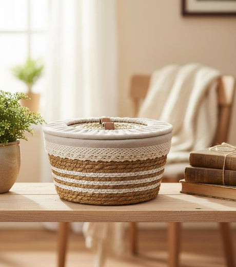 AKDC Rattan Basket with Lid & Fabric Liner Small 25×12cm – Compact Multi - Purpose Storage Box for Kitchen or Bathroom - Al Kabayel Discount CentreAKDC Rattan Basket with Lid & Fabric Liner Small 25×12cm – Compact Multi - Purpose Storage Box for Kitchen or BathroomDoormatsAKDCAl Kabayel Discount Centre
