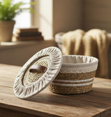 AKDC Rattan Basket with Lid & Fabric Liner Small 25×12cm – Compact Multi - Purpose Storage Box for Kitchen or Bathroom - Al Kabayel Discount CentreAKDC Rattan Basket with Lid & Fabric Liner Small 25×12cm – Compact Multi - Purpose Storage Box for Kitchen or BathroomDoormatsAKDCAl Kabayel Discount Centre