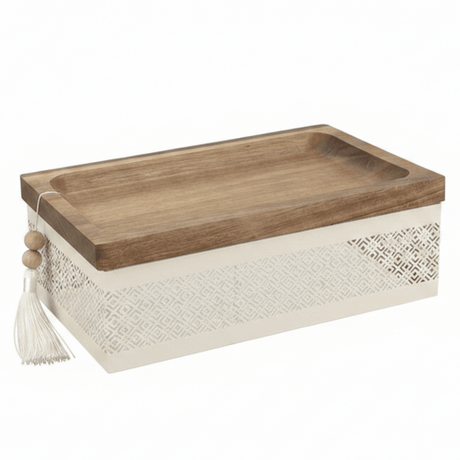 AKDC Rectangle Wooden Candy Tray with Cream Metal Base – Stylish Dessert & Snack Serving Tray – 28 × 18 cm - Al Kabayel Discount CentreAKDC Rectangle Wooden Candy Tray with Cream Metal Base – Stylish Dessert & Snack Serving Tray – 28 × 18 cmServing TraysAKDCAl Kabayel Discount Centre