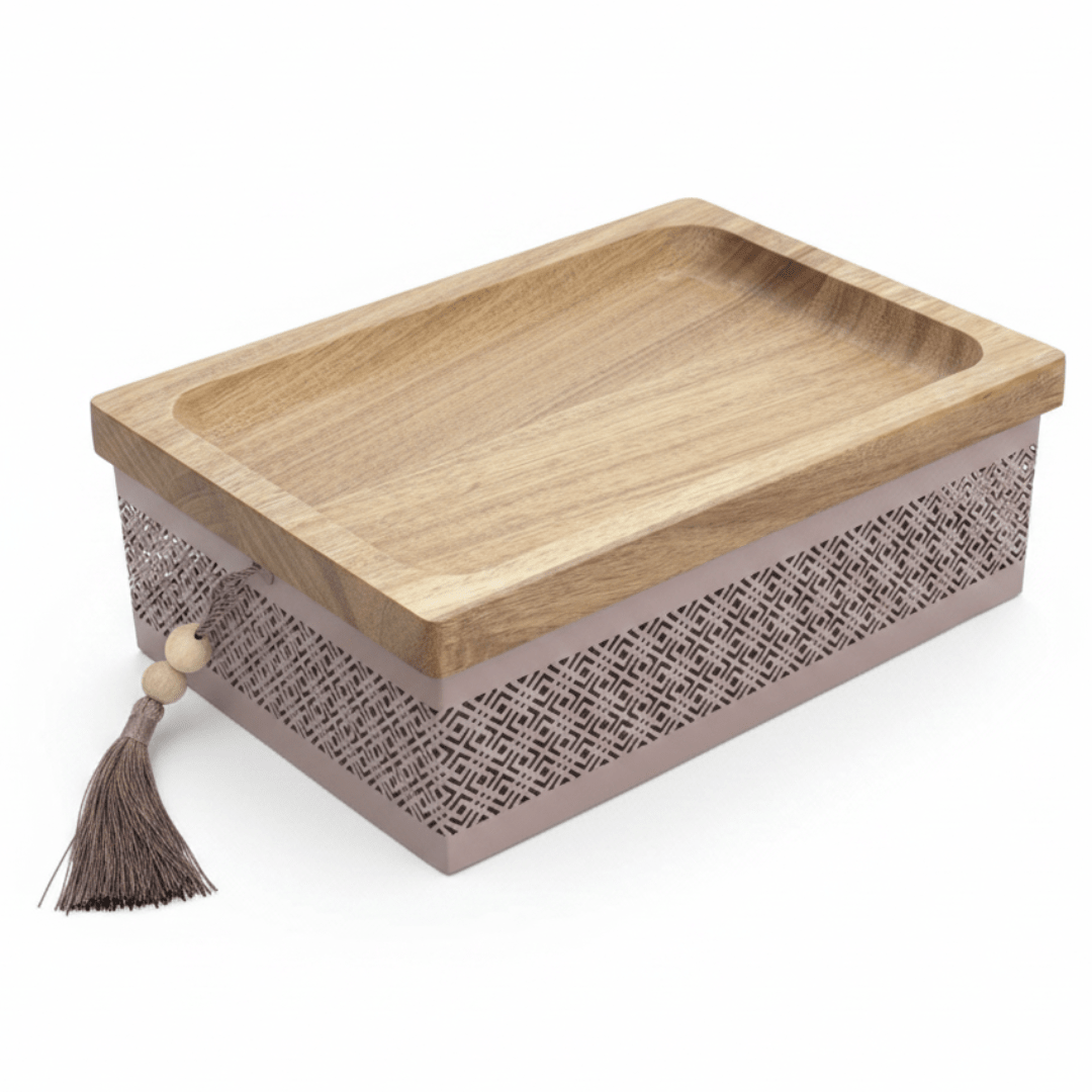 AKDC Rectangle Wooden Candy Tray with Mauve Taupe Metal Base – Rustic & Modern Dessert Serving Tray – 28 × 18 cm - Al Kabayel Discount CentreAKDC Rectangle Wooden Candy Tray with Mauve Taupe Metal Base – Rustic & Modern Dessert Serving Tray – 28 × 18 cmServing TraysAKDCAl Kabayel Discount Centre
