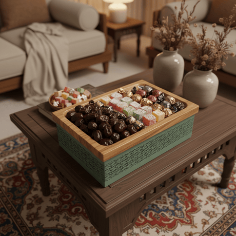 AKDC Rectangle Wooden Candy Tray with Sage Green Metal Base – Decorative Serving Tray for Desserts & Snacks – 28 × 18 cm - Al Kabayel Discount CentreAKDC Rectangle Wooden Candy Tray with Sage Green Metal Base – Decorative Serving Tray for Desserts & Snacks – 28 × 18 cmServing TraysAKDCAl Kabayel Discount Centre