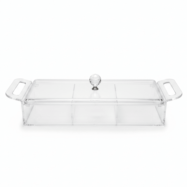 AKDC Rectangular Clear Acrylic 3 Compartment Candy Box with Lid Stylish Kitchen Storage Organizer 36x13x6 cm - Al Kabayel Discount CentreAKDC Rectangular Clear Acrylic 3 Compartment Candy Box with Lid Stylish Kitchen Storage Organizer 36x13x6 cmServing TraysAKDCAl Kabayel Discount Centre