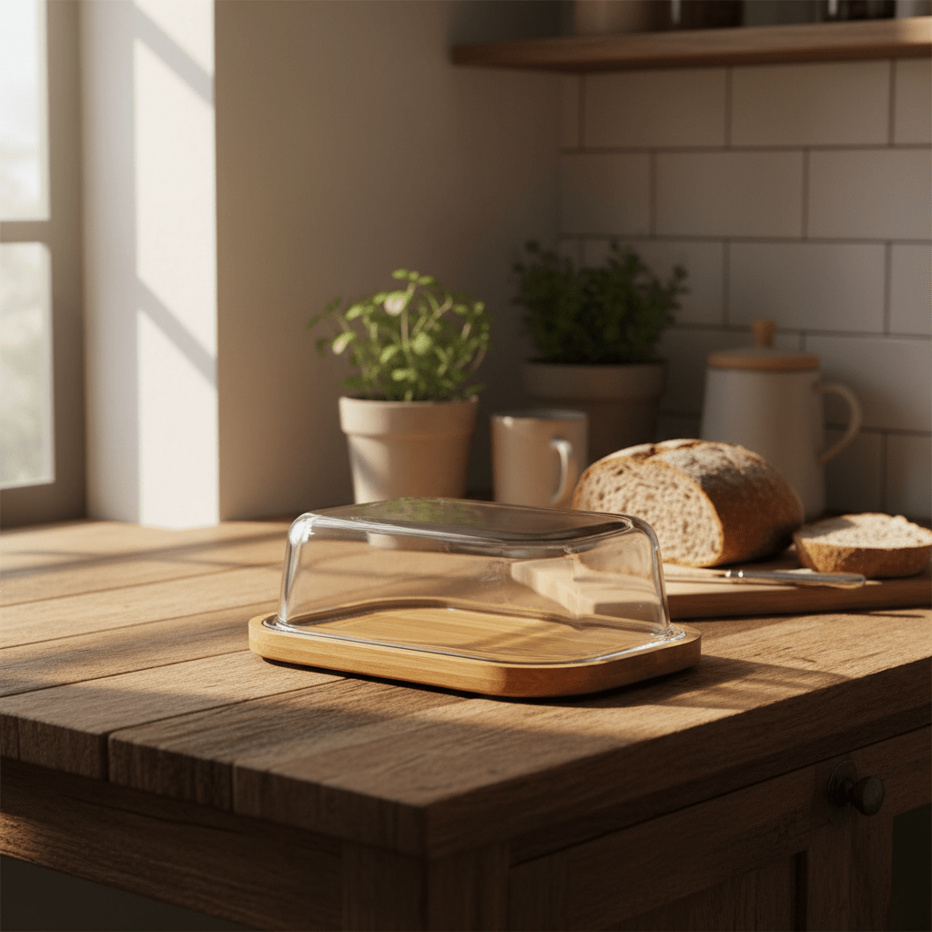 AKDC Rectangular Glass Butter Dish with Wooden Base – Premium Butter Keeper with Natural Wooden Base for Kitchen Use 21×16 cm - Al Kabayel Discount CentreAKDC Rectangular Glass Butter Dish with Wooden Base – Premium Butter Keeper with Natural Wooden Base for Kitchen Use 21×16 cmserving traysAKDCAl Kabayel Discount Centre