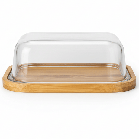 AKDC Rectangular Glass Butter Dish with Wooden Base – Premium Butter Keeper with Natural Wooden Base for Kitchen Use 21×16 cm - Al Kabayel Discount CentreAKDC Rectangular Glass Butter Dish with Wooden Base – Premium Butter Keeper with Natural Wooden Base for Kitchen Use 21×16 cmserving traysAKDCAl Kabayel Discount Centre