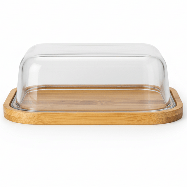 AKDC Rectangular Glass Butter Dish with Wooden Base – Premium Butter Keeper with Natural Wooden Base for Kitchen Use 21×16 cm - Al Kabayel Discount CentreAKDC Rectangular Glass Butter Dish with Wooden Base – Premium Butter Keeper with Natural Wooden Base for Kitchen Use 21×16 cmserving traysAKDCAl Kabayel Discount Centre