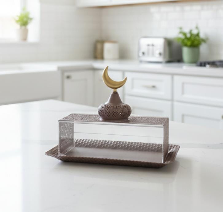 AKDC Rectangular Metal Serving Tray with Acrylic Lid 24×16×20 cm – Compact Brown Design Ideal for Ramadan Use - Al Kabayel Discount CentreAKDC Rectangular Metal Serving Tray with Acrylic Lid 24×16×20 cm – Compact Brown Design Ideal for Ramadan UseServing TraysAKDCAl Kabayel Discount Centre