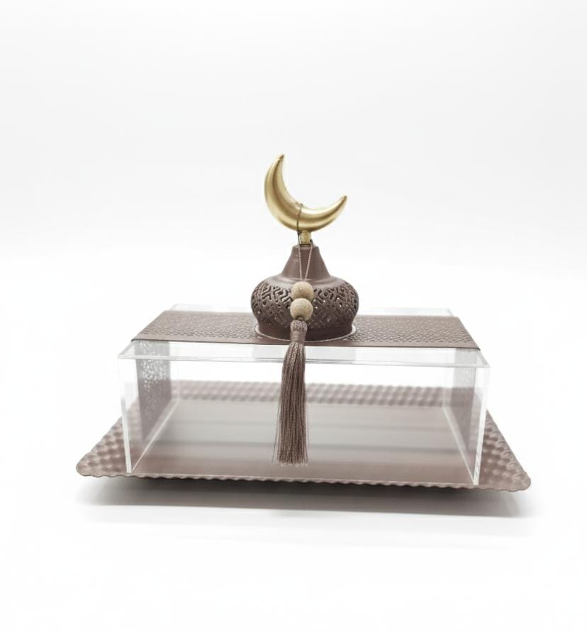 AKDC Rectangular Metal Serving Tray with Acrylic Lid 28×20×22 cm – Brown Color Ramadan Special Exclusive Design - Al Kabayel Discount CentreAKDC Rectangular Metal Serving Tray with Acrylic Lid 28×20×22 cm – Brown Color Ramadan Special Exclusive DesignServing TraysAKDCAl Kabayel Discount Centre