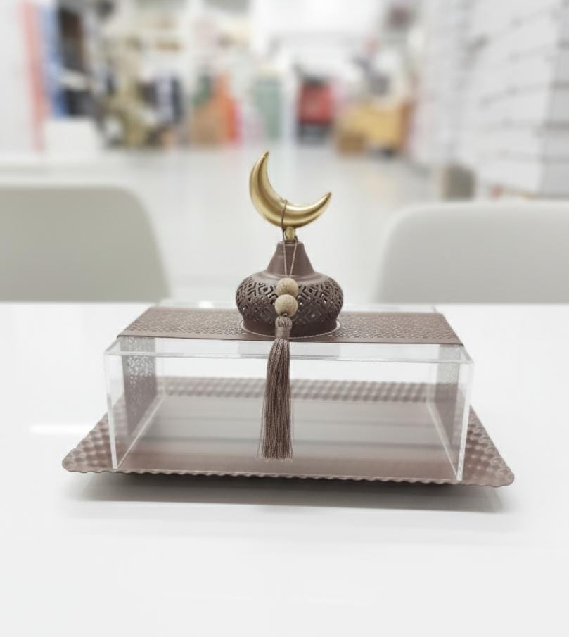 AKDC Rectangular Metal Serving Tray with Acrylic Lid 28×20×22 cm – Brown Color Ramadan Special Exclusive Design - Al Kabayel Discount CentreAKDC Rectangular Metal Serving Tray with Acrylic Lid 28×20×22 cm – Brown Color Ramadan Special Exclusive DesignServing TraysAKDCAl Kabayel Discount Centre