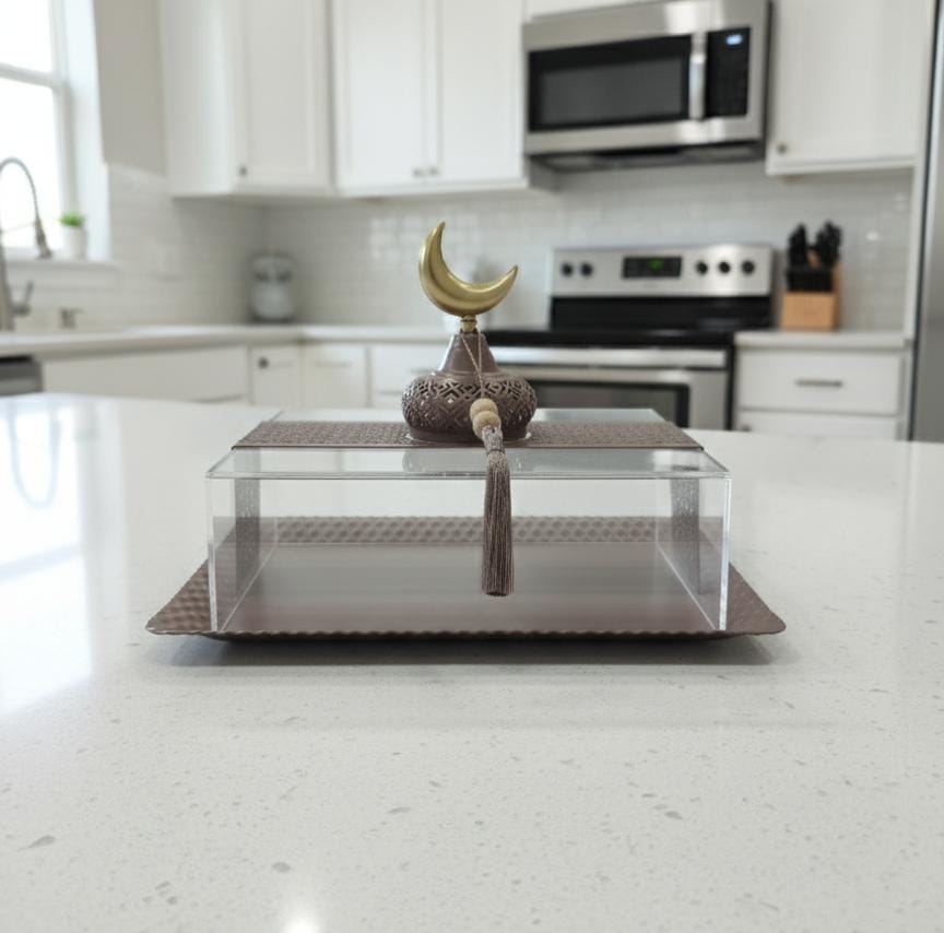 AKDC Rectangular Metal Serving Tray with Acrylic Lid 30×25×22 cm – Elegant Brown Finish Perfect for Ramadan Gatherings - Al Kabayel Discount CentreAKDC Rectangular Metal Serving Tray with Acrylic Lid 30×25×22 cm – Elegant Brown Finish Perfect for Ramadan GatheringsServing TraysAKDCAl Kabayel Discount Centre