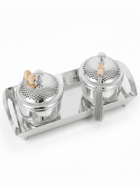 AKDC Rectangular Metal Tray with 2 Candy Bowls – Elegant Silver Finish, Complete Serving Set, 34 × 14 × 10 cm - Al Kabayel Discount CentreAKDC Rectangular Metal Tray with 2 Candy Bowls – Elegant Silver Finish, Complete Serving Set, 34 × 14 × 10 cmServing TraysAKDCAl Kabayel Discount Centre