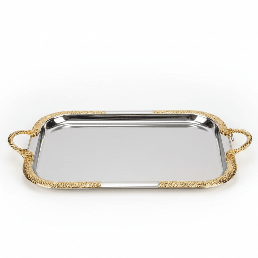 AKDC Rectangular Stainless Steel Serving Tray with Elegant Golden Border and Handles, Durable Multipurpose Tea, Coffee & Food Serving Tray for Home, Kitchen & Restaurant – 38 × 30 cm - Al Kabayel Discount CentreAKDC Rectangular Stainless Steel Serving Tray with Elegant Golden Border and Handles, Durable Multipurpose Tea, Coffee & Food Serving Tray for Home, Kitchen & Restaurant – 38 × 30 cmServing TraysAKDCAl Kabayel Discount Centre