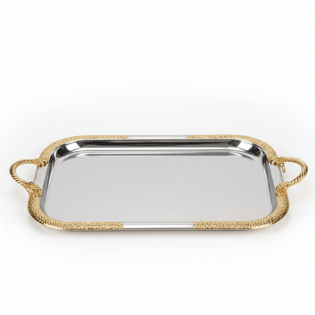 AKDC Rectangular Stainless Steel Serving Tray with Elegant Golden Border and Handles, Durable Multipurpose Tea, Coffee & Food Serving Tray for Home, Kitchen & Restaurant – 38 × 30 cm - Al Kabayel Discount CentreAKDC Rectangular Stainless Steel Serving Tray with Elegant Golden Border and Handles, Durable Multipurpose Tea, Coffee & Food Serving Tray for Home, Kitchen & Restaurant – 38 × 30 cmServing TraysAKDCAl Kabayel Discount Centre