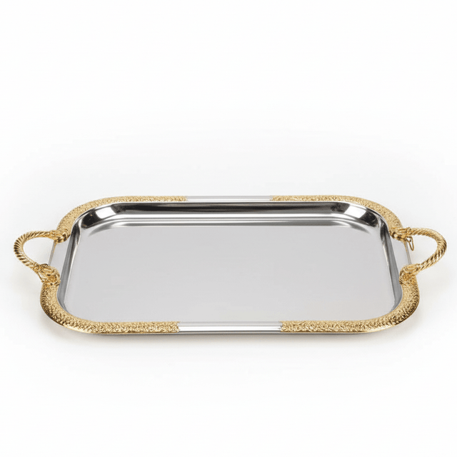 AKDC Rectangular Stainless Steel Serving Tray with Elegant Golden Border and Handles, Durable Multipurpose Tea, Coffee & Food Serving Tray for Home, Kitchen & Restaurant – 38 × 30 cm - Al Kabayel Discount CentreAKDC Rectangular Stainless Steel Serving Tray with Elegant Golden Border and Handles, Durable Multipurpose Tea, Coffee & Food Serving Tray for Home, Kitchen & Restaurant – 38 × 30 cmServing TraysAKDCAl Kabayel Discount Centre