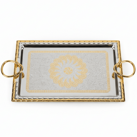 AKDC Rectangular Stainless Steel Serving Tray with Gold Border and Strong Handles, Elegant Food & Drink Serving Tray for Home, Kitchen, Hotel & Parties – 41 × 28 cm - Al Kabayel Discount CentreAKDC Rectangular Stainless Steel Serving Tray with Gold Border and Strong Handles, Elegant Food & Drink Serving Tray for Home, Kitchen, Hotel & Parties – 41 × 28 cmServing TraysAKDCAl Kabayel Discount Centre