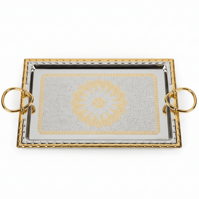 AKDC Rectangular Stainless Steel Serving Tray with Gold Border and Strong Handles, Elegant Food & Drink Serving Tray for Home, Kitchen, Hotel & Parties – 41 × 28 cm - Al Kabayel Discount CentreAKDC Rectangular Stainless Steel Serving Tray with Gold Border and Strong Handles, Elegant Food & Drink Serving Tray for Home, Kitchen, Hotel & Parties – 41 × 28 cmServing TraysAKDCAl Kabayel Discount Centre