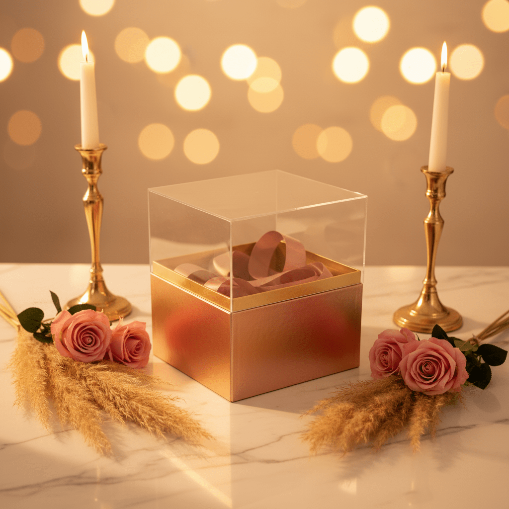 AKDC Rose Gold Square Cardboard Gift Box with Transparent Lid & Ribbon Ties for Premium Gift Packaging, Hampers & Occasions – 18×18×19 cm - Al Kabayel Discount CentreAKDC Rose Gold Square Cardboard Gift Box with Transparent Lid & Ribbon Ties for Premium Gift Packaging, Hampers & Occasions – 18×18×19 cmPacking & Wrapping SuppliesAKDCAl Kabayel Discount Centre