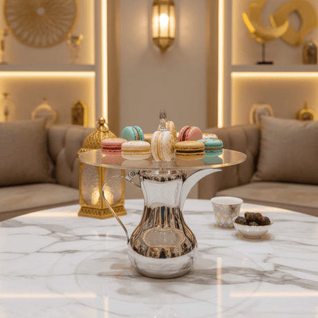 AKDC Round Cake Stand with Traditional Dallah Base – Premium Dessert Display Stand for Cakes & Pastries – 30x25 cm - Al Kabayel Discount CentreAKDC Round Cake Stand with Traditional Dallah Base – Premium Dessert Display Stand for Cakes & Pastries – 30x25 cmServing TraysAKDCAl Kabayel Discount Centre