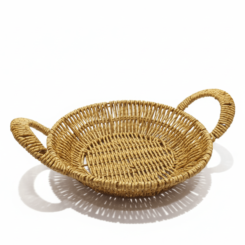 AKDC Round Handwoven Rattan Basket with Carry Handle – Natural Brown Color, Traditional Style Serving & Storage Basket, 25 × 5 cm - Al Kabayel Discount CentreAKDC Round Handwoven Rattan Basket with Carry Handle – Natural Brown Color, Traditional Style Serving & Storage Basket, 25 × 5 cmRattanAKDCAl Kabayel Discount Centre