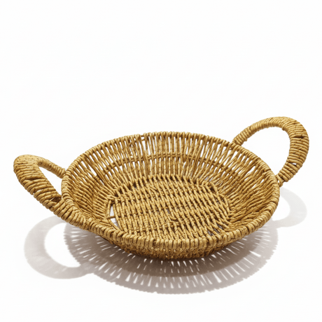 AKDC Round Handwoven Rattan Basket with Carry Handle – Natural Brown Color, Traditional Style Serving & Storage Basket, 25 × 5 cm - Al Kabayel Discount CentreAKDC Round Handwoven Rattan Basket with Carry Handle – Natural Brown Color, Traditional Style Serving & Storage Basket, 25 × 5 cmRattanAKDCAl Kabayel Discount Centre