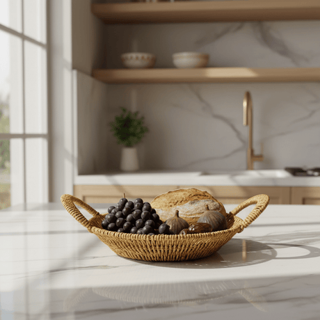 AKDC Round Handwoven Rattan Basket with Carry Handle – Natural Brown Color, Traditional Style Serving & Storage Basket, 25 × 5 cm - Al Kabayel Discount CentreAKDC Round Handwoven Rattan Basket with Carry Handle – Natural Brown Color, Traditional Style Serving & Storage Basket, 25 × 5 cmRattanAKDCAl Kabayel Discount Centre