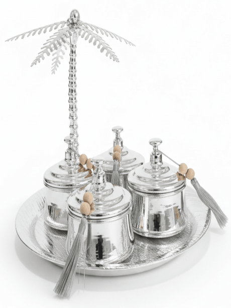 AKDC Round Metal Tray with 4 Candy Bowls – Premium Silver Finish, Complete Sweet Serving Set, 35 × 29 cm - Al Kabayel Discount CentreAKDC Round Metal Tray with 4 Candy Bowls – Premium Silver Finish, Complete Sweet Serving Set, 35 × 29 cmServing TraysAKDCAl Kabayel Discount Centre
