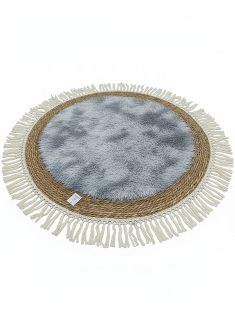 AKDC Round Rattan Rug 100cm – Fringed Border with Soft Gray Fur, Cozy Handcrafted Rug for Bedroom or Living Area - Al Kabayel Discount CentreAKDC Round Rattan Rug 100cm – Fringed Border with Soft Gray Fur, Cozy Handcrafted Rug for Bedroom or Living AreaDoormatsAKDCAl Kabayel Discount Centre