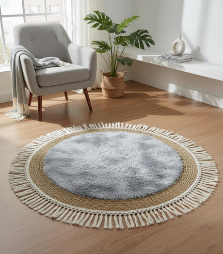AKDC Round Rattan Rug 100cm – Fringed Border with Soft Gray Fur, Cozy Handcrafted Rug for Bedroom or Living Area - Al Kabayel Discount CentreAKDC Round Rattan Rug 100cm – Fringed Border with Soft Gray Fur, Cozy Handcrafted Rug for Bedroom or Living AreaDoormatsAKDCAl Kabayel Discount Centre