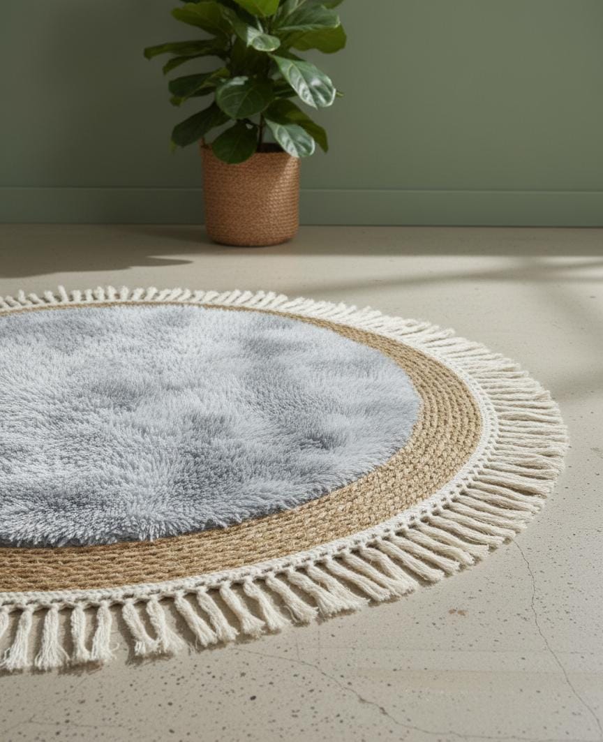 AKDC Round Rattan Rug 100cm – Fringed Border with Soft Gray Fur, Cozy Handcrafted Rug for Bedroom or Living Area - Al Kabayel Discount CentreAKDC Round Rattan Rug 100cm – Fringed Border with Soft Gray Fur, Cozy Handcrafted Rug for Bedroom or Living AreaDoormatsAKDCAl Kabayel Discount Centre