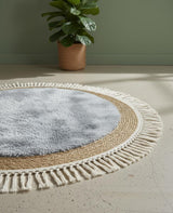 AKDC Round Rattan Rug 100cm – Fringed Border with Soft Gray Fur, Cozy Handcrafted Rug for Bedroom or Living Area - Al Kabayel Discount CentreAKDC Round Rattan Rug 100cm – Fringed Border with Soft Gray Fur, Cozy Handcrafted Rug for Bedroom or Living AreaDoormatsAKDCAl Kabayel Discount Centre