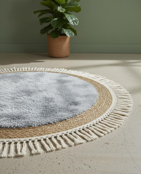 AKDC Round Rattan Rug 100cm – Fringed Border with Soft Gray Fur, Cozy Handcrafted Rug for Bedroom or Living Area - Al Kabayel Discount CentreAKDC Round Rattan Rug 100cm – Fringed Border with Soft Gray Fur, Cozy Handcrafted Rug for Bedroom or Living AreaDoormatsAKDCAl Kabayel Discount Centre