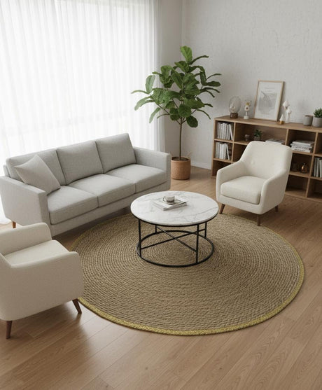 AKDC Round Rattan Rug 100cm – Golden Border Finish, Elegant Decorative Rug for Luxury Interior Spaces - Al Kabayel Discount CentreAKDC Round Rattan Rug 100cm – Golden Border Finish, Elegant Decorative Rug for Luxury Interior SpacesDoormatsAKDCAl Kabayel Discount Centre