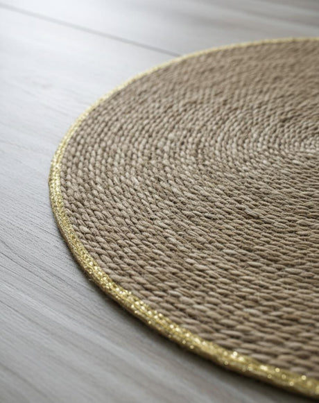 AKDC Round Rattan Rug 100cm – Golden Border Finish, Elegant Decorative Rug for Luxury Interior Spaces - Al Kabayel Discount CentreAKDC Round Rattan Rug 100cm – Golden Border Finish, Elegant Decorative Rug for Luxury Interior SpacesDoormatsAKDCAl Kabayel Discount Centre