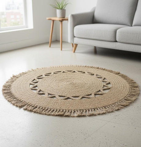 AKDC Round Rattan Rug 100cm – Handwoven Natural Rug with Fringed Border, Stylish Accent for Boho Homes - Al Kabayel Discount CentreAKDC Round Rattan Rug 100cm – Handwoven Natural Rug with Fringed Border, Stylish Accent for Boho HomesDoormatsAKDCAl Kabayel Discount Centre