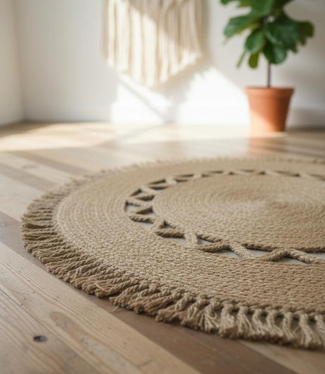 AKDC Round Rattan Rug 100cm – Handwoven Natural Rug with Fringed Border, Stylish Accent for Boho Homes - Al Kabayel Discount CentreAKDC Round Rattan Rug 100cm – Handwoven Natural Rug with Fringed Border, Stylish Accent for Boho HomesDoormatsAKDCAl Kabayel Discount Centre