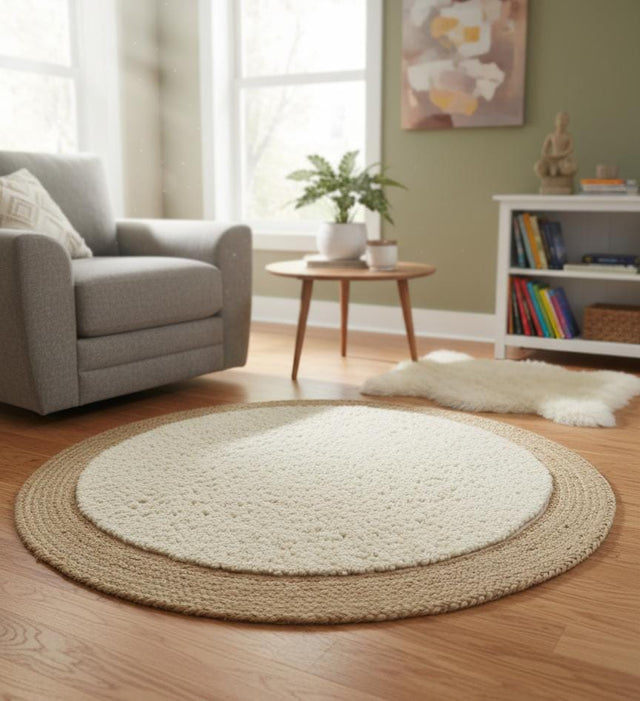 AKDC Round Rattan Rug 100cm – Rattan with Cream Rough Fur Finish, Rustic Handwoven Accent for Bedrooms & Lounges - Al Kabayel Discount CentreAKDC Round Rattan Rug 100cm – Rattan with Cream Rough Fur Finish, Rustic Handwoven Accent for Bedrooms & LoungesDoormatsAKDCAl Kabayel Discount Centre