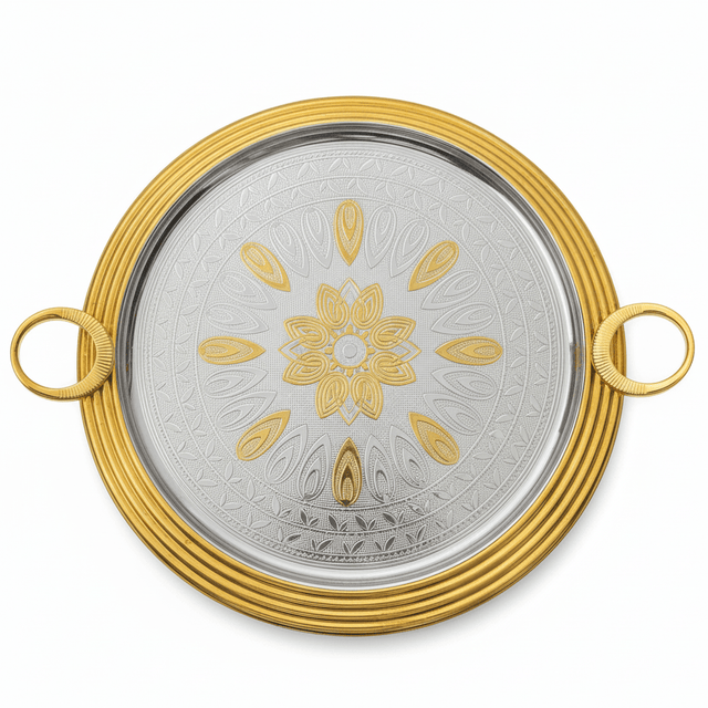 AKDC Round Stainless Steel Serving Tray with Golden Border and Handles, Durable Multipurpose Food, Tea & Beverage Serving Tray for Home & Kitchen – 35 cm - Al Kabayel Discount CentreAKDC Round Stainless Steel Serving Tray with Golden Border and Handles, Durable Multipurpose Food, Tea & Beverage Serving Tray for Home & Kitchen – 35 cmServing TraysAKDCAl Kabayel Discount Centre