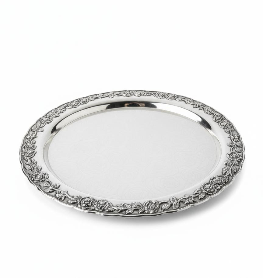 AKDC Round Steel Serving Tray – Silver Floral Design | 35 cm Elegant Tableware Piece - Al Kabayel Discount CentreAKDC Round Steel Serving Tray – Silver Floral Design | 35 cm Elegant Tableware PieceServing TraysAKDCAl Kabayel Discount Centre